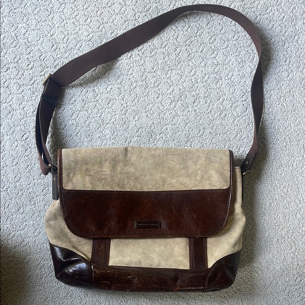 Faherty Brown and Tan Messenger Bag with Leather Accents